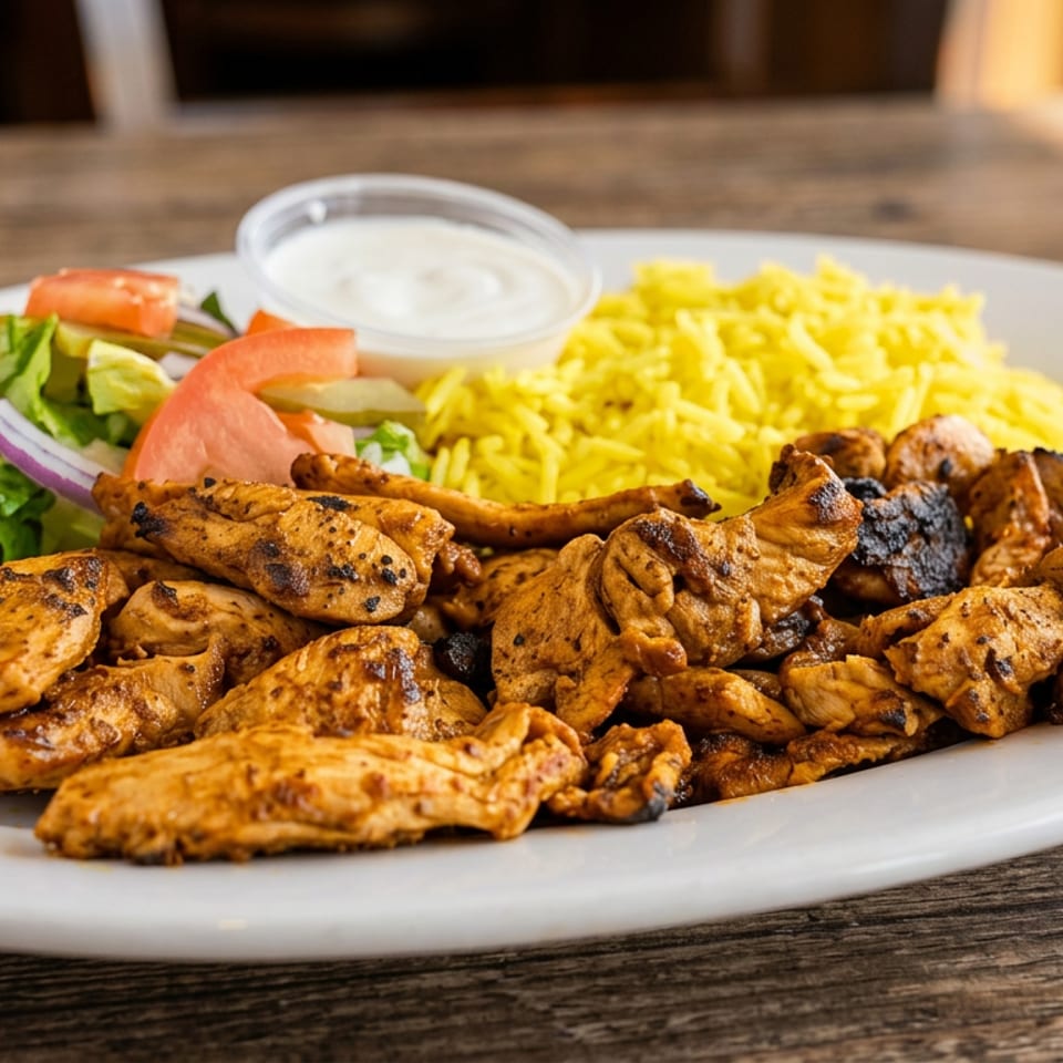 Grilled spiced chicken pieces served with yellow rice, fresh salad, and creamy dipping sauce on a white plate.